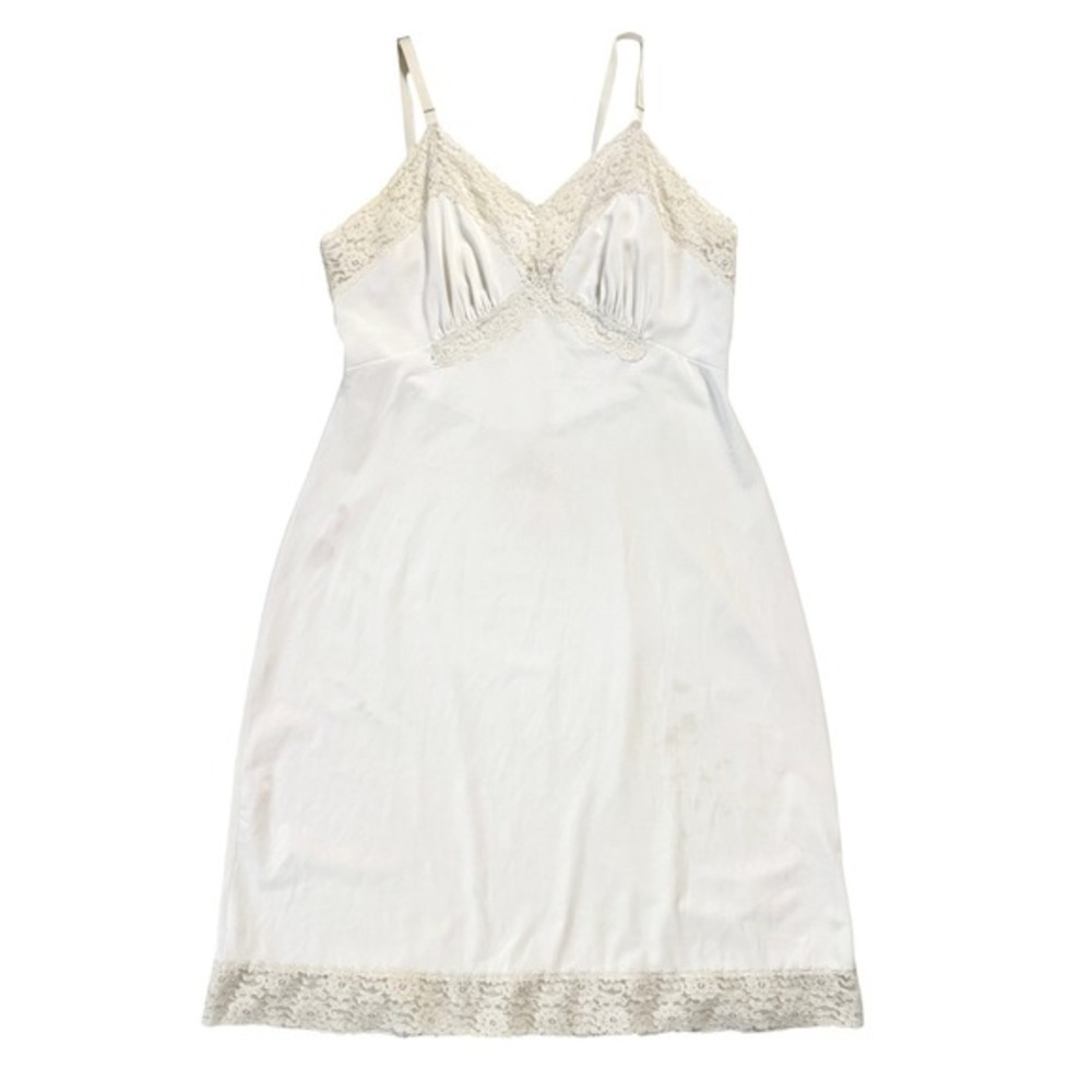Vintage Shadowline Slip Womens Ivory Nylon Lace Full Length Chemise Lingerie 80s